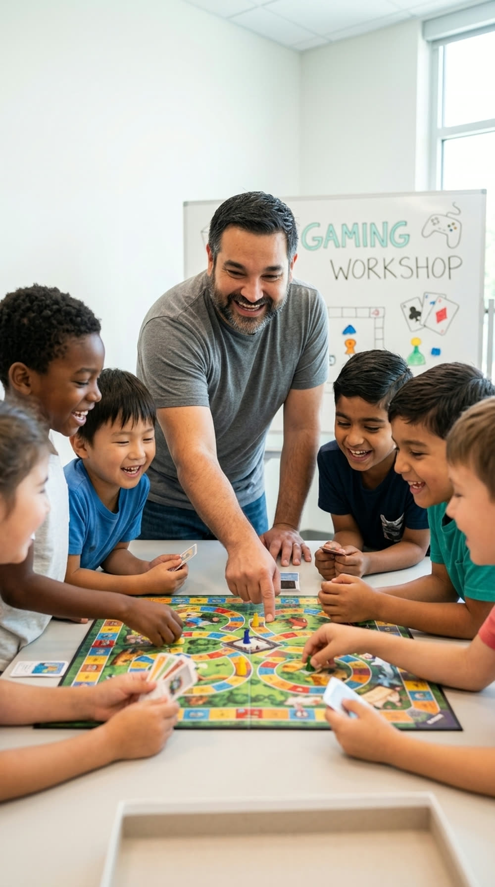 Steve Rossi facilitating a tabletop gaming workshop with a group of laughing children